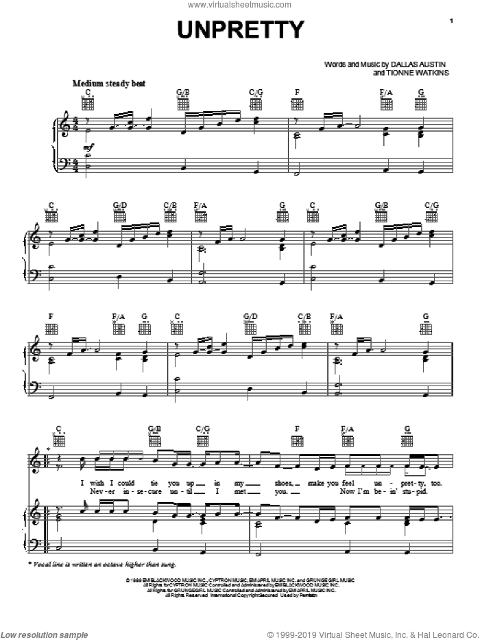 Unpretty sheet music for voice, piano or guitar by Marqueze Etheridge, intermediate skill level