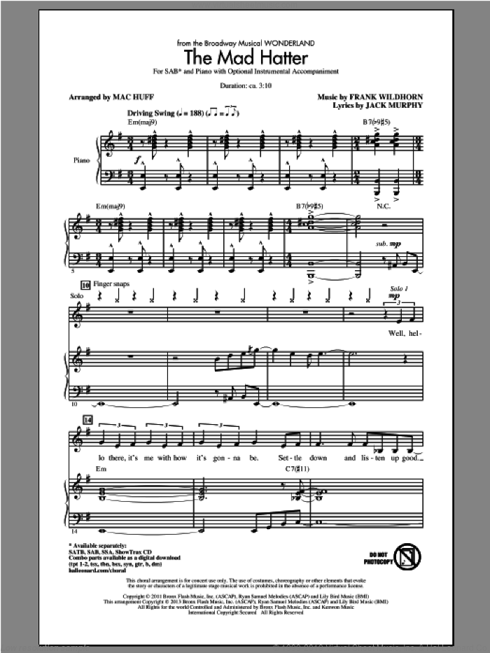 The Mad Hatter sheet music for choir (SAB: soprano, alto, bass) by Mac Huff, Frank Wildhorn, Jack Murphy and Wonderland (Musical), intermediate skill level