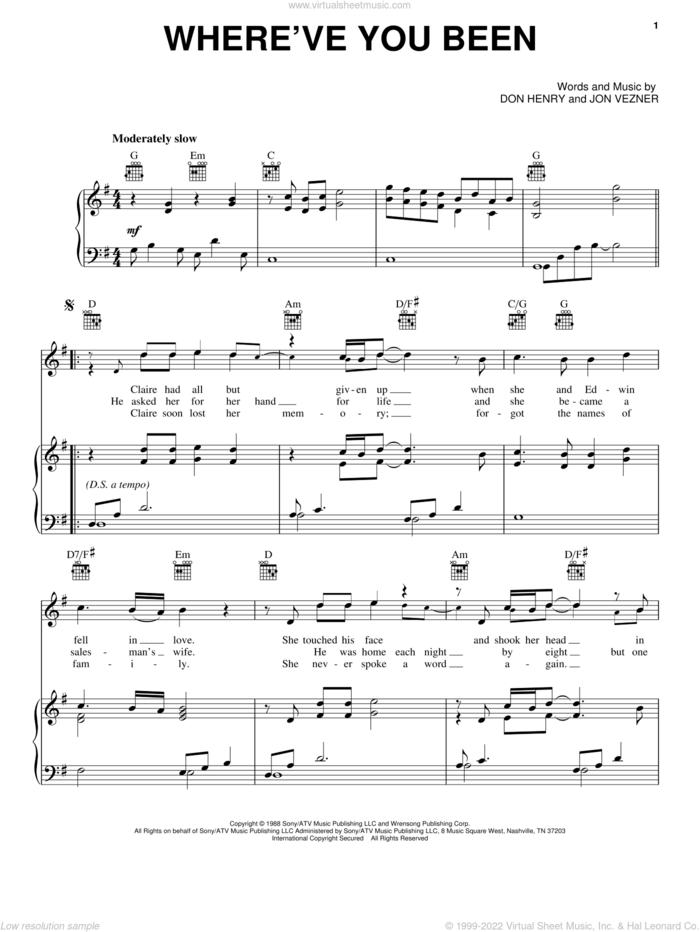 Where've You Been sheet music for voice, piano or guitar by Kathy Mattea, Don Henry and Jon Vezner, intermediate skill level