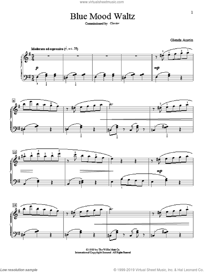 Blue Mood Waltz sheet music for piano solo (elementary) by Glenda Austin, beginner piano (elementary)