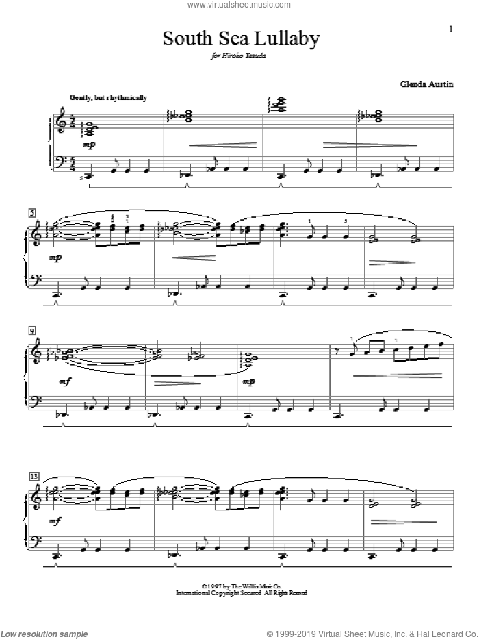 South Sea Lullaby sheet music for piano solo (elementary) by Glenda Austin, beginner piano (elementary)