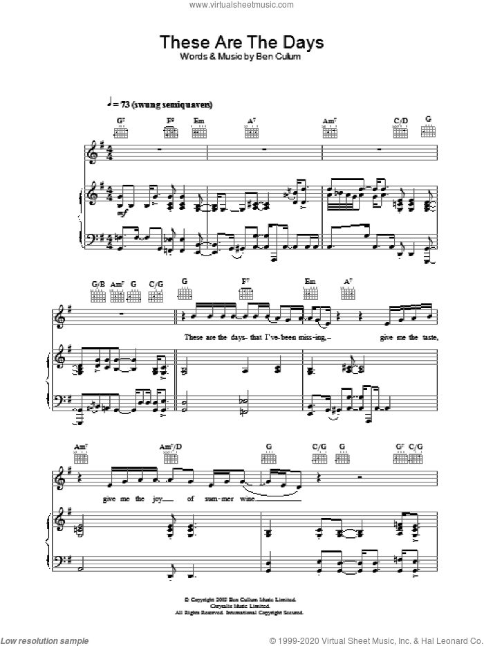 These Are The Days sheet music for voice, piano or guitar by Jamie Cullum and Ben Cullum, intermediate skill level