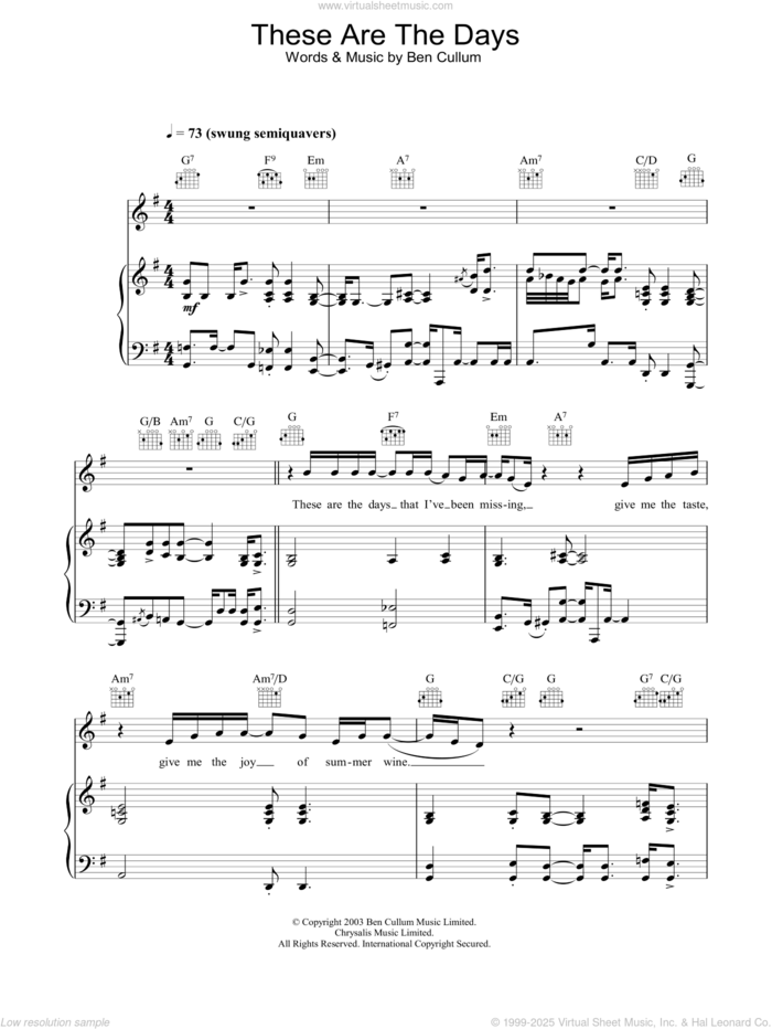 These Are The Days sheet music for voice, piano or guitar by Jamie Cullum and Ben Cullum, intermediate skill level