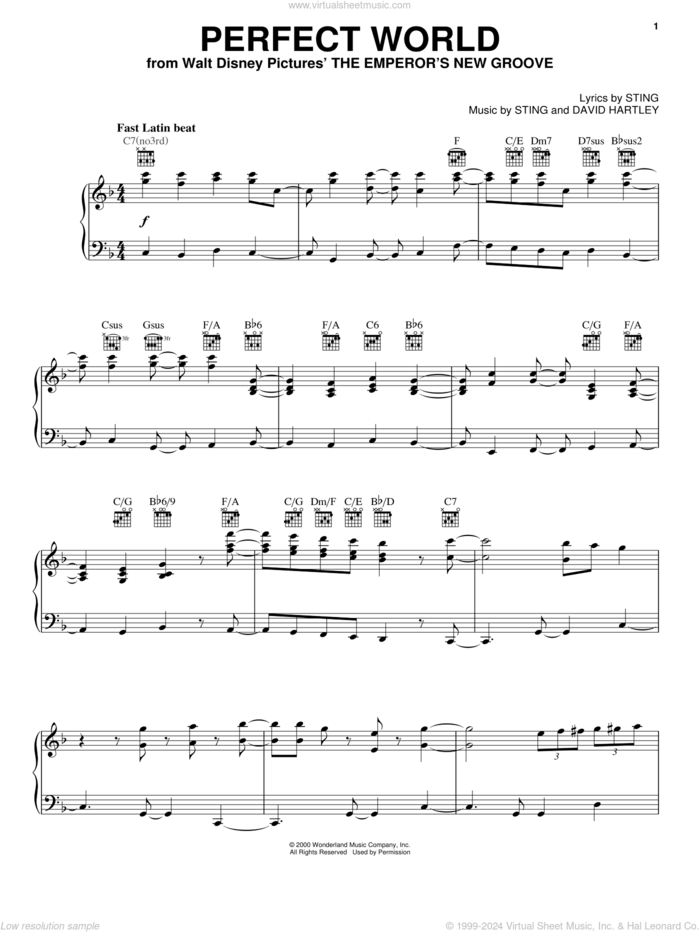 Perfect World sheet music for voice, piano or guitar by Sting, Tom Jones and David Hartley, intermediate skill level