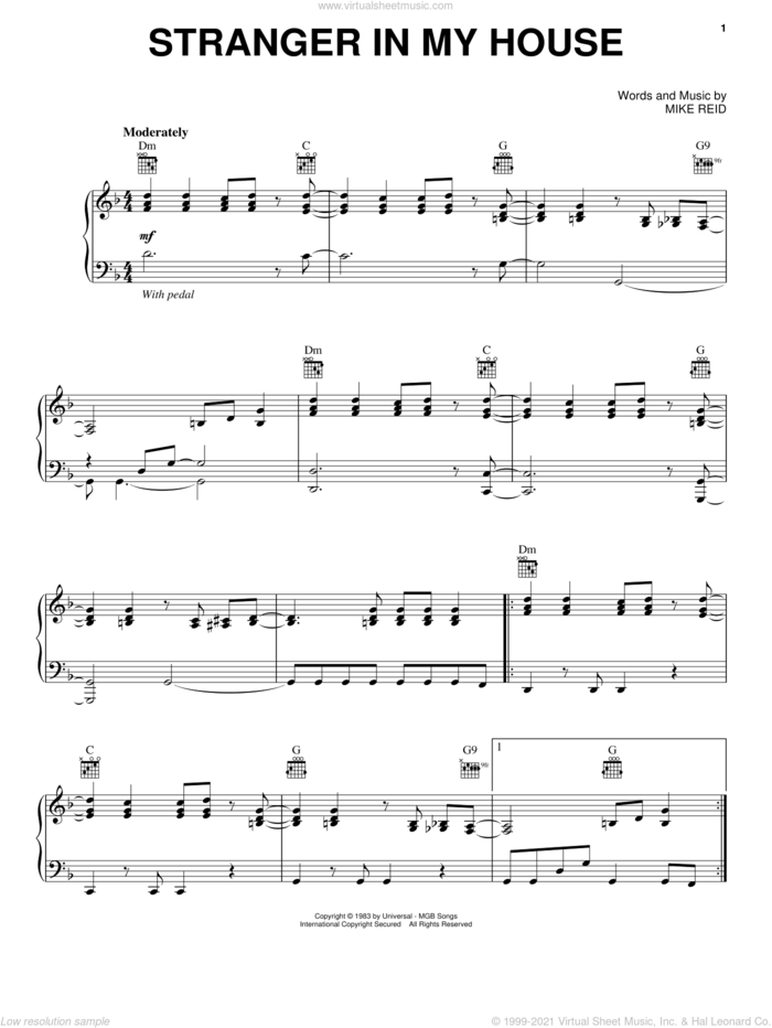 Stranger In My House sheet music for voice, piano or guitar by Ronnie Milsap and Mike Reid, intermediate skill level