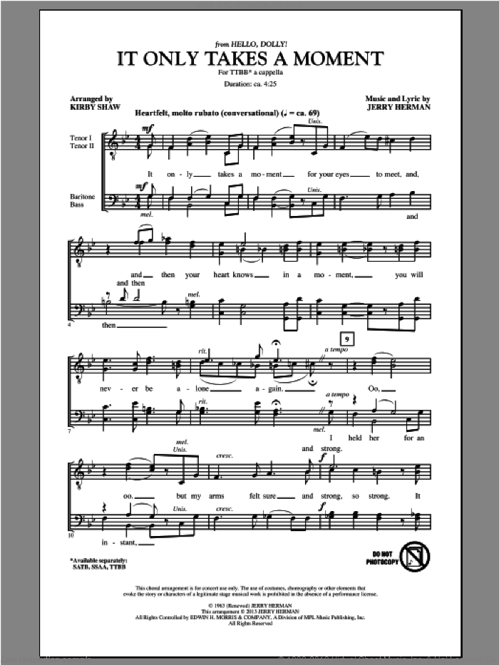 It Only Takes A Moment sheet music for choir (TTBB: tenor, bass) by Kirby Shaw and Jerry Herman, intermediate skill level