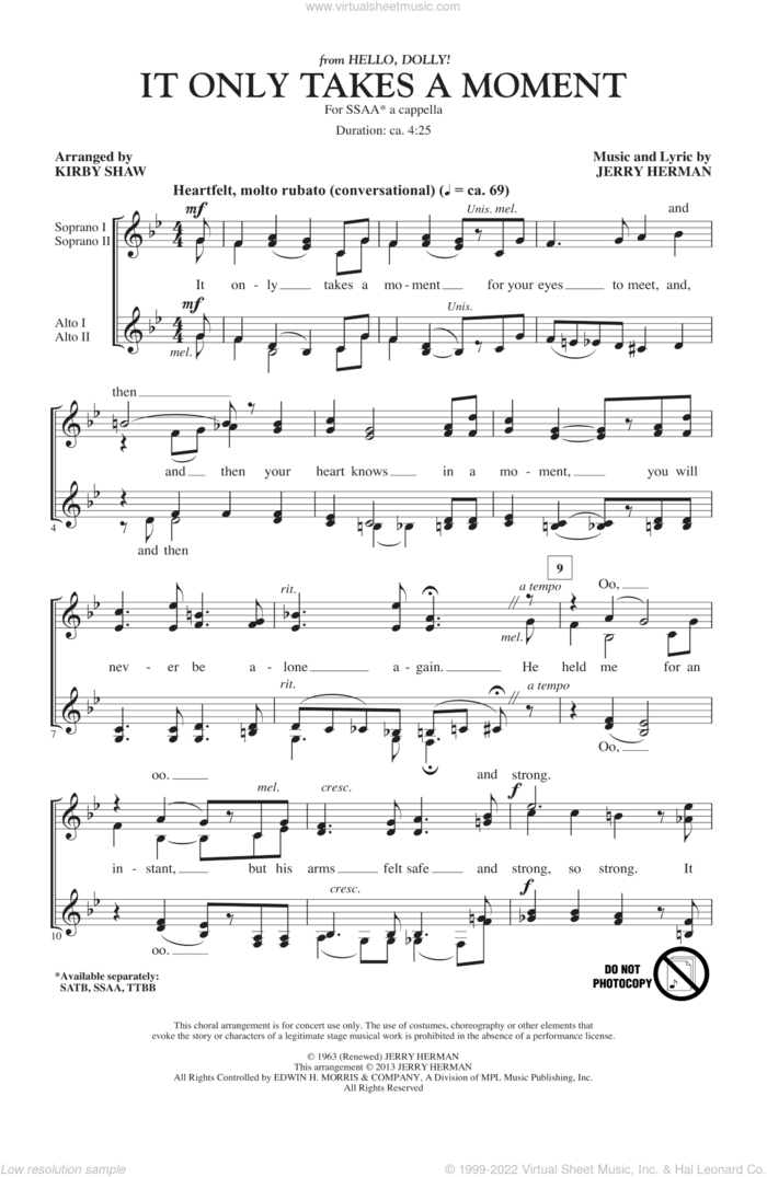 It Only Takes A Moment sheet music for choir (SSA: soprano, alto) by Kirby Shaw and Jerry Herman, intermediate skill level