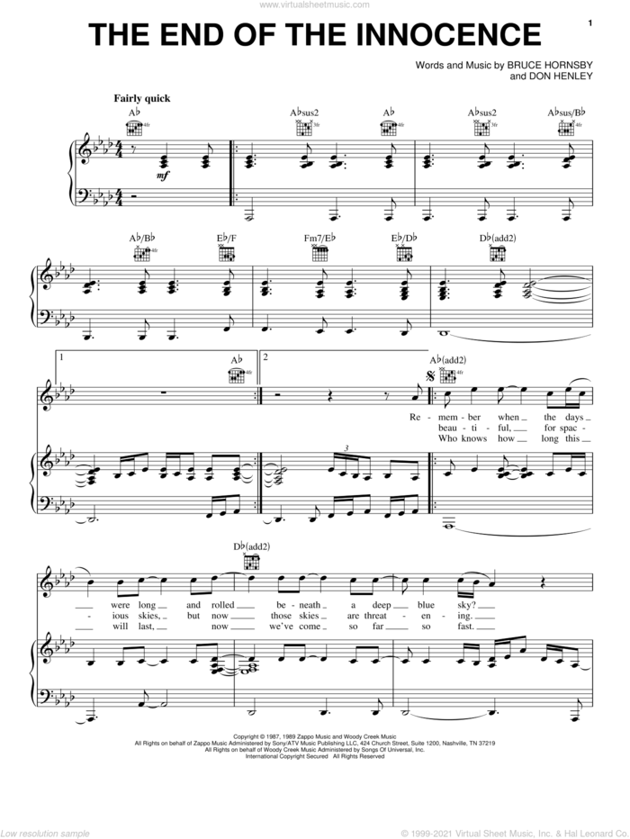 The End Of The Innocence sheet music for voice, piano or guitar by Don Henley and Bruce Hornsby, intermediate skill level