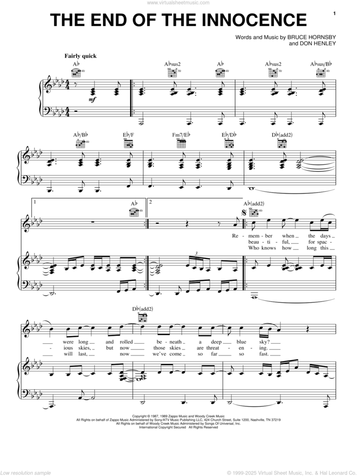 The End Of The Innocence sheet music for voice, piano or guitar by Don Henley and Bruce Hornsby, intermediate skill level