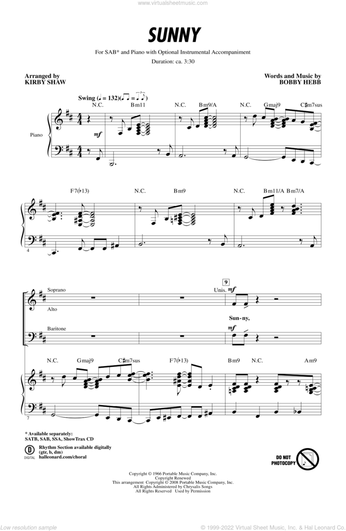 Sunny (arr. Kirby Shaw) sheet music for choir (SAB: soprano, alto, bass) by Kirby Shaw and Bobby Hebb, intermediate skill level