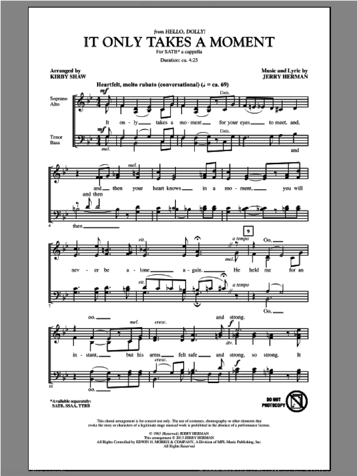 It Only Takes A Moment sheet music for choir (SATB: soprano, alto, tenor, bass) by Kirby Shaw and Jerry Herman, intermediate skill level