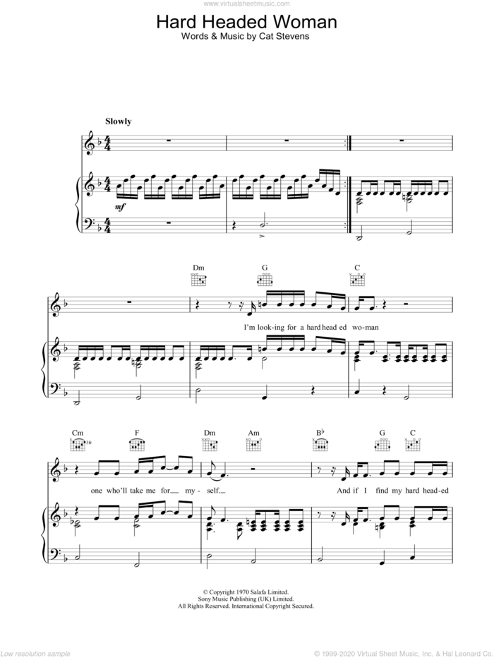 Hard Headed Woman sheet music for voice, piano or guitar by Cat Stevens, intermediate skill level