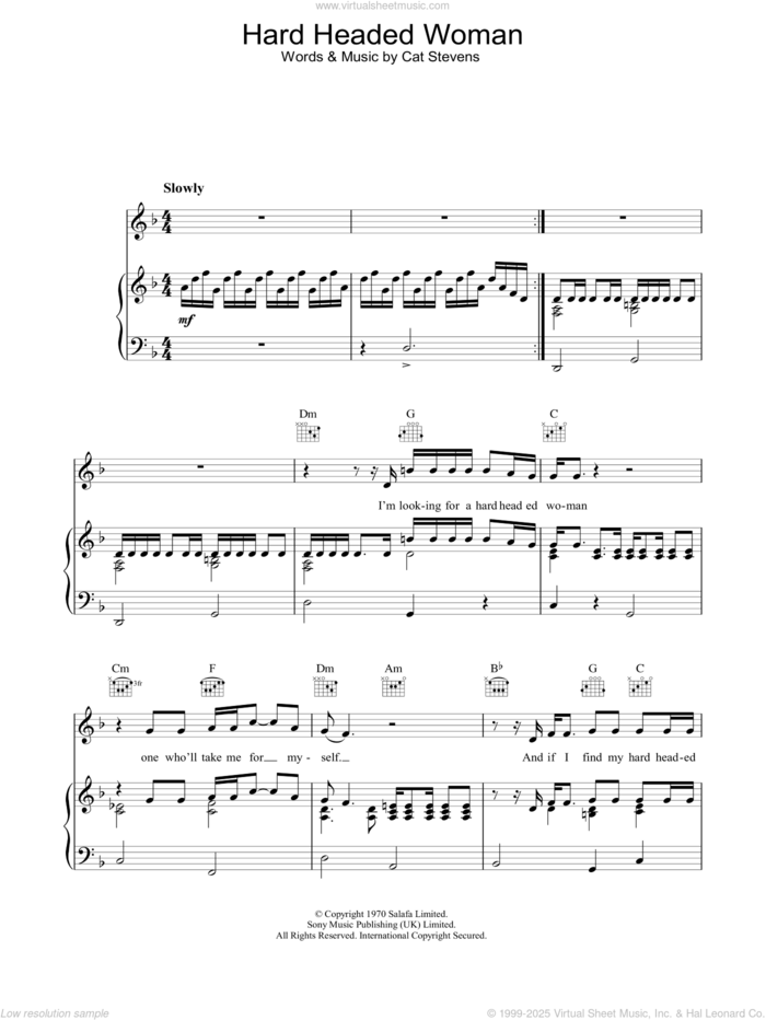 Hard Headed Woman sheet music for voice, piano or guitar by Cat Stevens, intermediate skill level