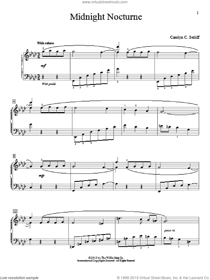 Midnight Nocturne sheet music for piano solo (elementary) by Carolyn C. Setliff, beginner piano (elementary)