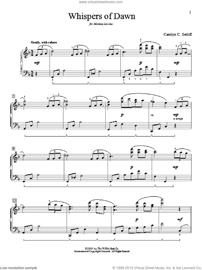 Whispers Of Dawn sheet music for piano solo (elementary) by Carolyn C. Setliff, beginner piano (elementary)