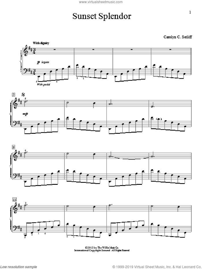 Sunset Splendor sheet music for piano solo (elementary) by Carolyn C. Setliff, beginner piano (elementary)