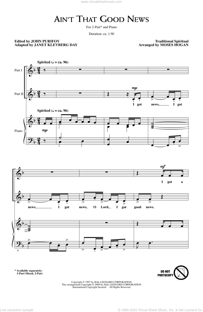 Ain't That Good News sheet music for choir (2-Part) by Moses Hogan and Janet Day, intermediate duet