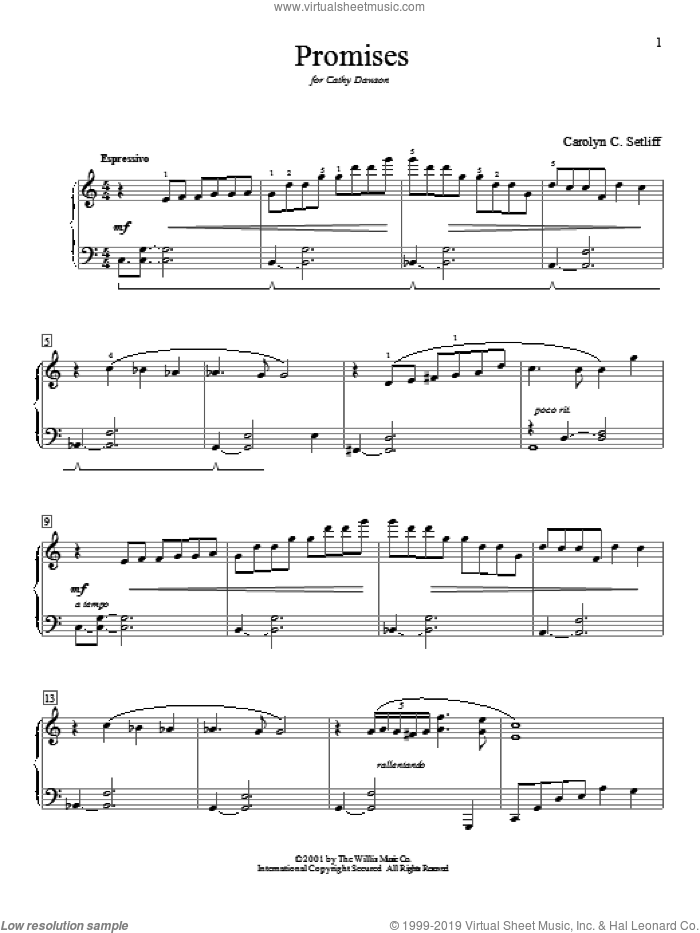 Promises sheet music for piano solo (elementary) by Carolyn C. Setliff, beginner piano (elementary)