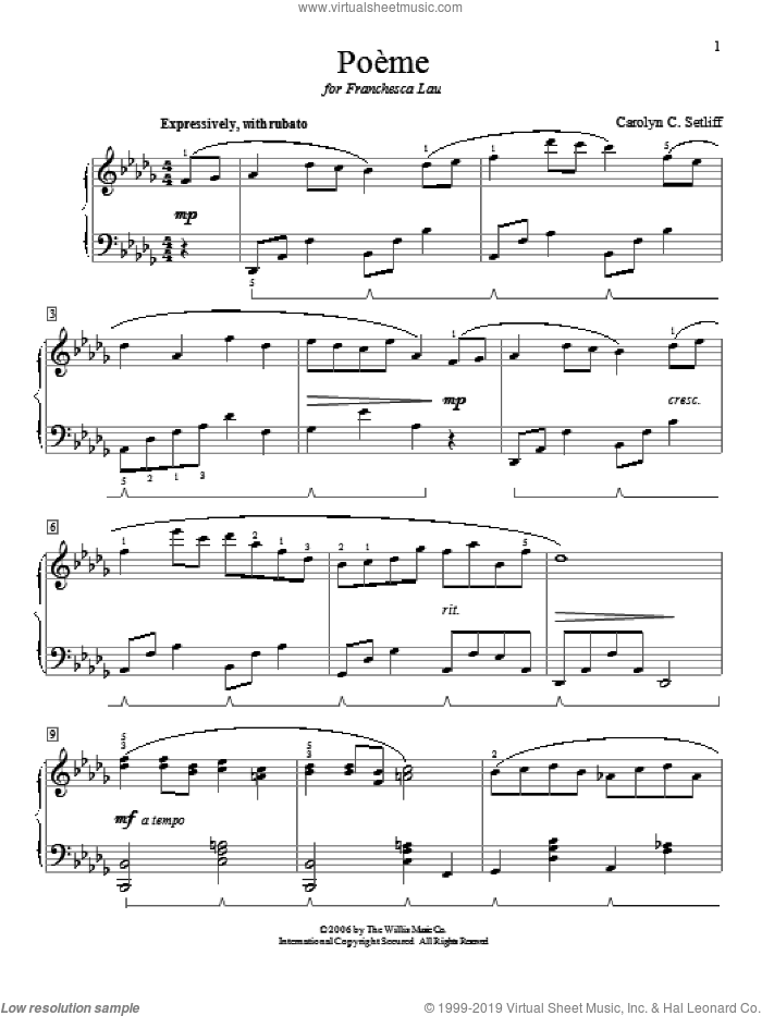 Poeme sheet music for piano solo (elementary) by Carolyn C. Setliff, beginner piano (elementary)