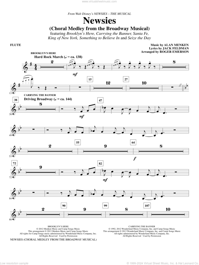 Newsies (Choral Medley) sheet music for orchestra/band (flute) by Alan Menken, Jack Feldman, Newsies (Musical) and Roger Emerson, intermediate skill level