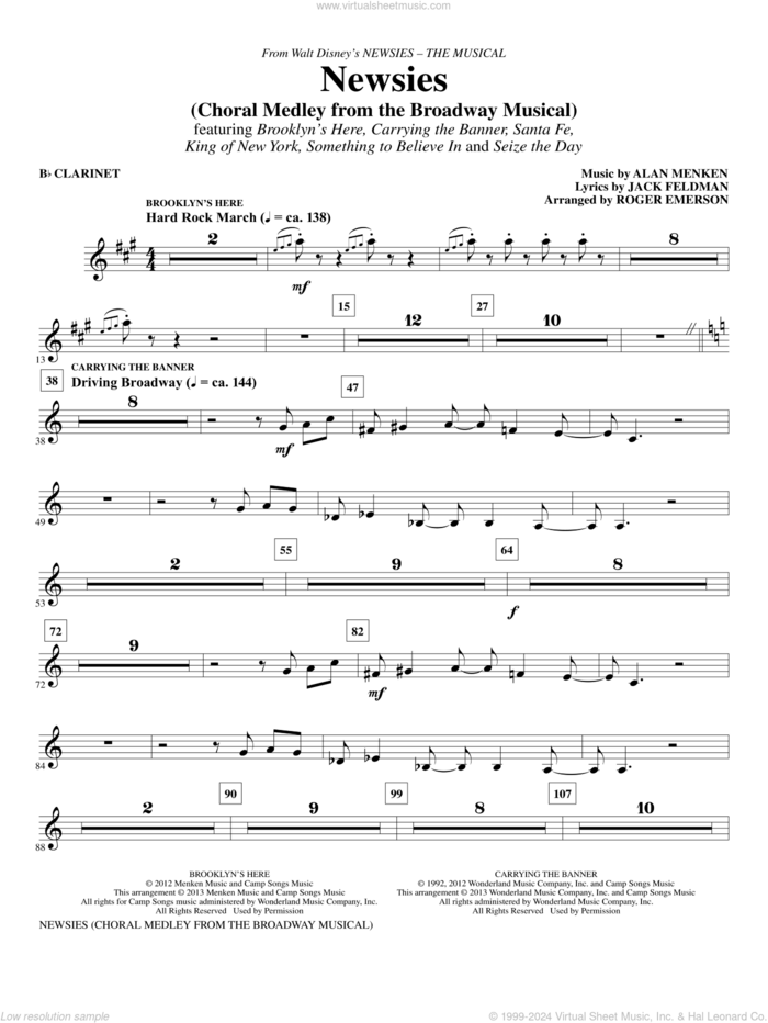 Newsies (Choral Medley) sheet music for orchestra/band (clarinet) by Alan Menken, Jack Feldman, Newsies (Musical) and Roger Emerson, intermediate skill level