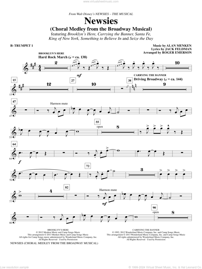 Newsies (Choral Medley) sheet music for orchestra/band (Bb trumpet 1) by Alan Menken, Jack Feldman, Newsies (Musical) and Roger Emerson, intermediate skill level