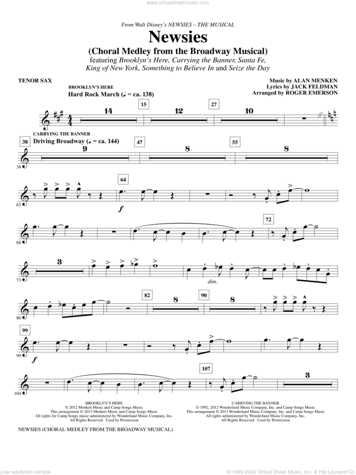 Newsies (Choral Medley) sheet music for orchestra/band (tenor saxophone) by Alan Menken, Jack Feldman, Newsies (Musical) and Roger Emerson, intermediate skill level