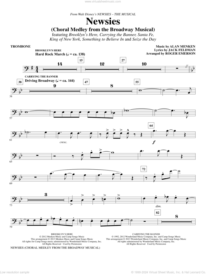 Newsies (Choral Medley) sheet music for orchestra/band (trombone) by Alan Menken, Jack Feldman, Newsies (Musical) and Roger Emerson, intermediate skill level