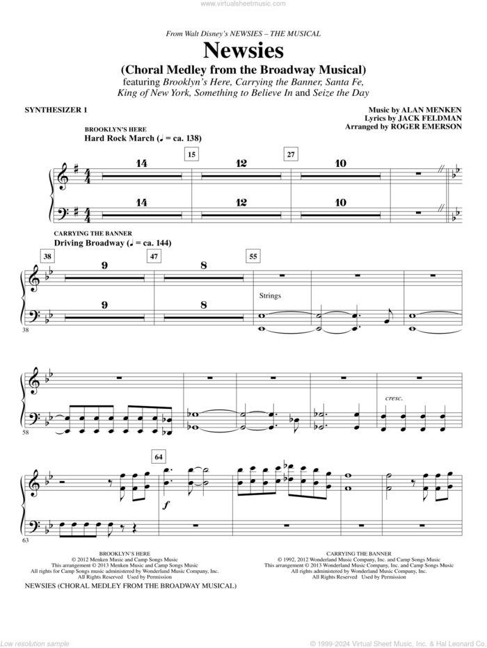 Newsies (Choral Medley) sheet music for orchestra/band (synthesizer i) by Alan Menken, Jack Feldman, Newsies (Musical) and Roger Emerson, intermediate skill level