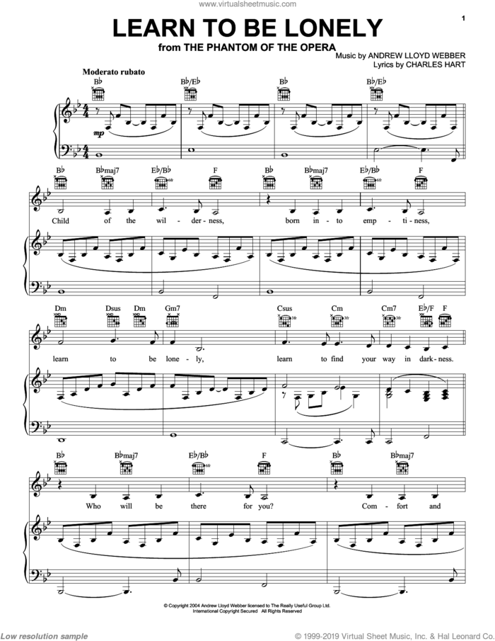 Learn To Be Lonely sheet music for voice, piano or guitar by Andrew Lloyd Webber, The Phantom Of The Opera (Musical) and Charles Hart, intermediate skill level