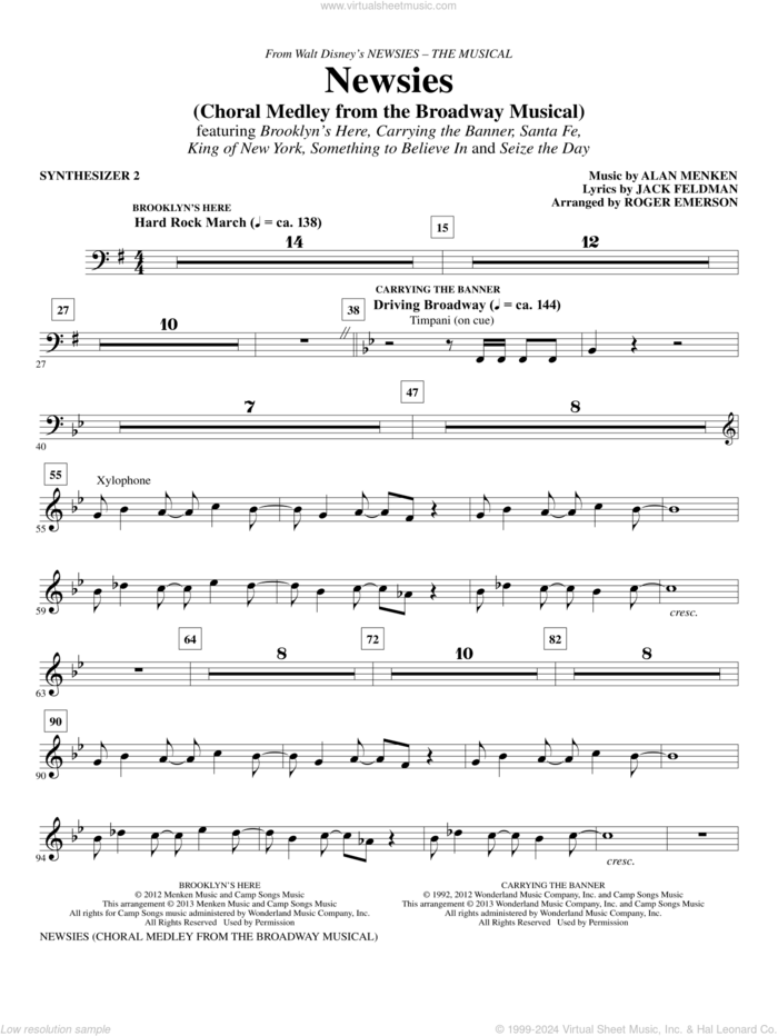 Newsies (Choral Medley) sheet music for orchestra/band (synthesizer ii) by Alan Menken, Jack Feldman, Newsies (Musical) and Roger Emerson, intermediate skill level