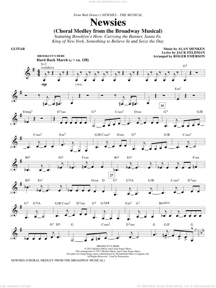 Newsies (Choral Medley) sheet music for orchestra/band (guitar) by Alan Menken, Jack Feldman, Newsies (Musical) and Roger Emerson, intermediate skill level