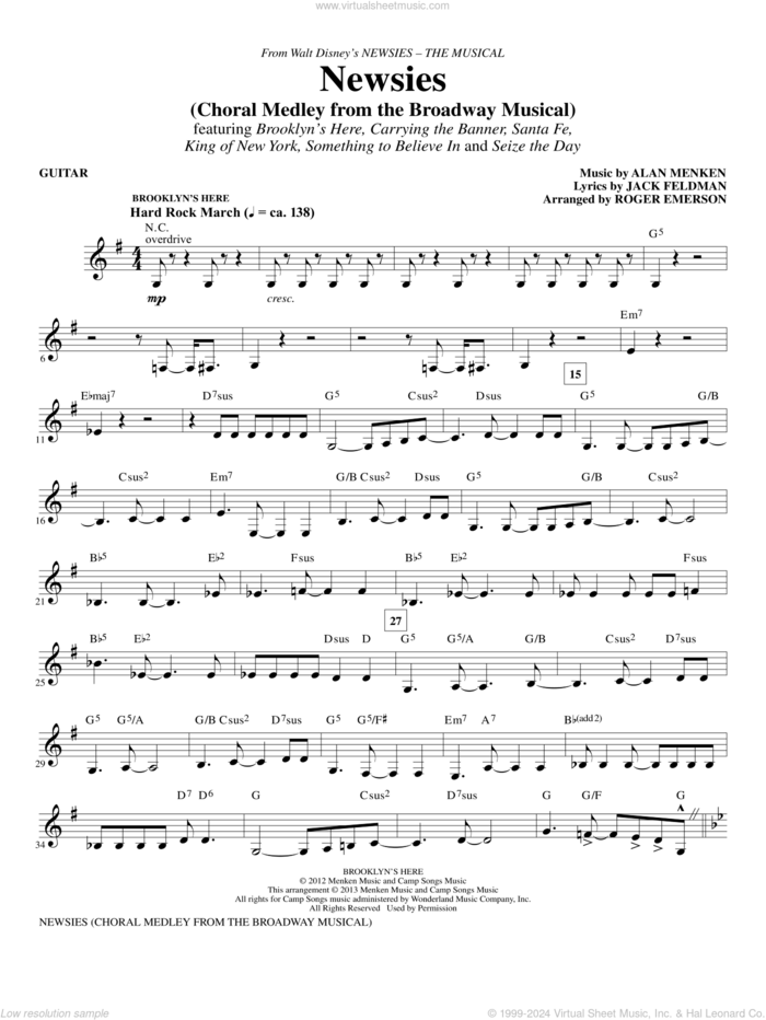 Newsies (Choral Medley) sheet music for orchestra/band (guitar) by Alan Menken, Jack Feldman, Newsies (Musical) and Roger Emerson, intermediate skill level