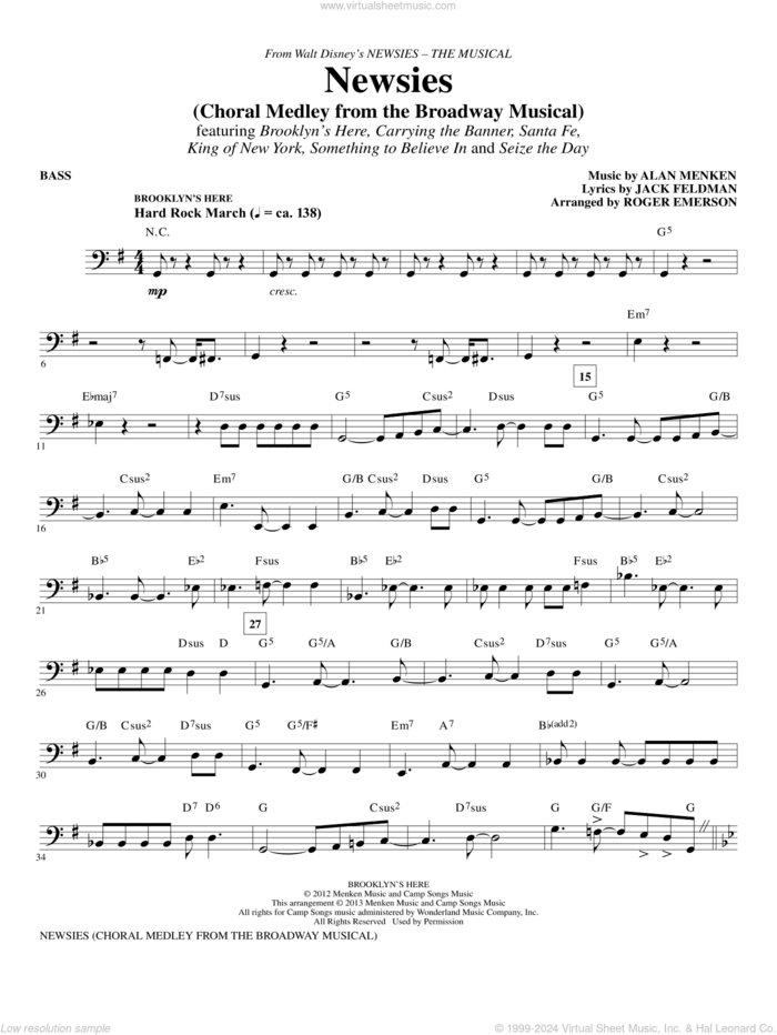 Newsies (Choral Medley) sheet music for orchestra/band (bass) by Alan Menken, Jack Feldman, Newsies (Musical) and Roger Emerson, intermediate skill level