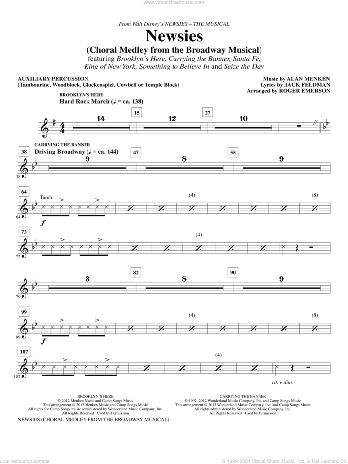 Newsies (Choral Medley) sheet music for orchestra/band (aux percussion) by Alan Menken, Jack Feldman, Newsies (Musical) and Roger Emerson, intermediate skill level