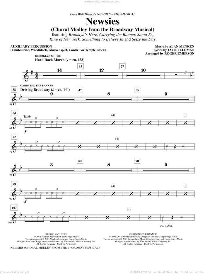 Newsies (Choral Medley) sheet music for orchestra/band (aux percussion) by Alan Menken, Jack Feldman, Newsies (Musical) and Roger Emerson, intermediate skill level