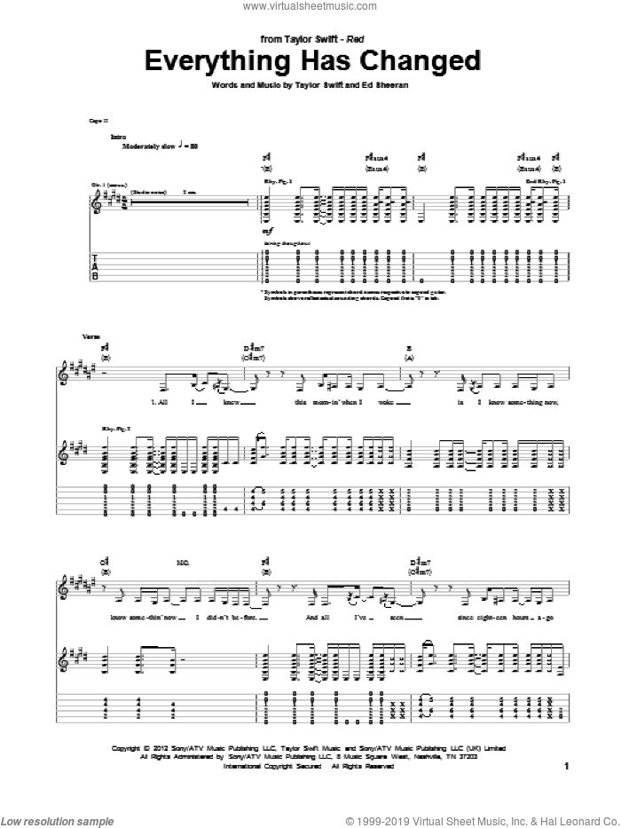 Everything Has Changed (feat. Ed Sheeran) sheet music for guitar (tablature) by Taylor Swift and Ed Sheeran, intermediate skill level