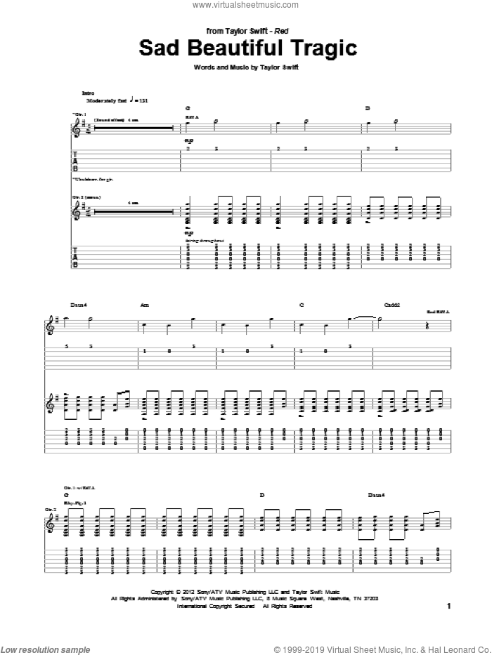 Sad Beautiful Tragic sheet music for guitar (tablature) by Taylor Swift, intermediate skill level