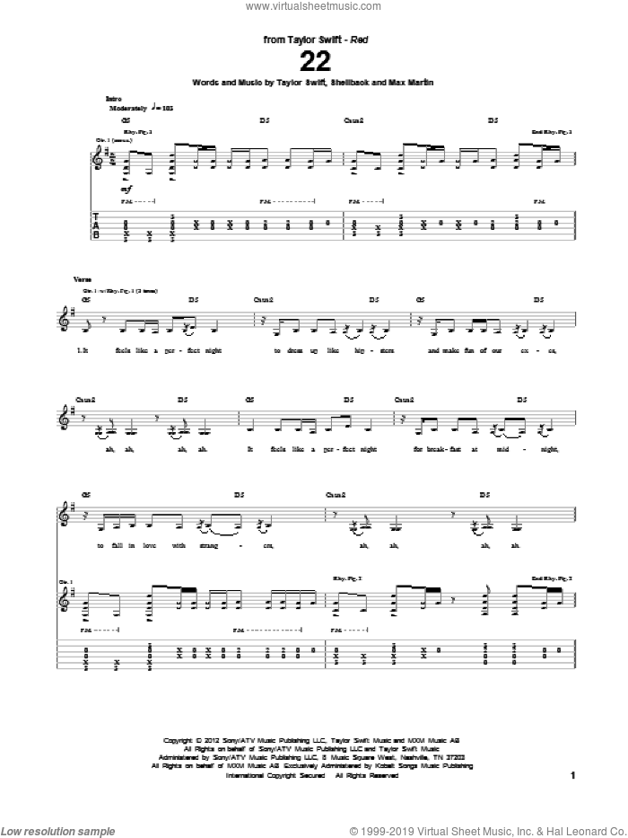 22 sheet music for guitar (tablature) by Taylor Swift, Max Martin and Shellback, intermediate skill level