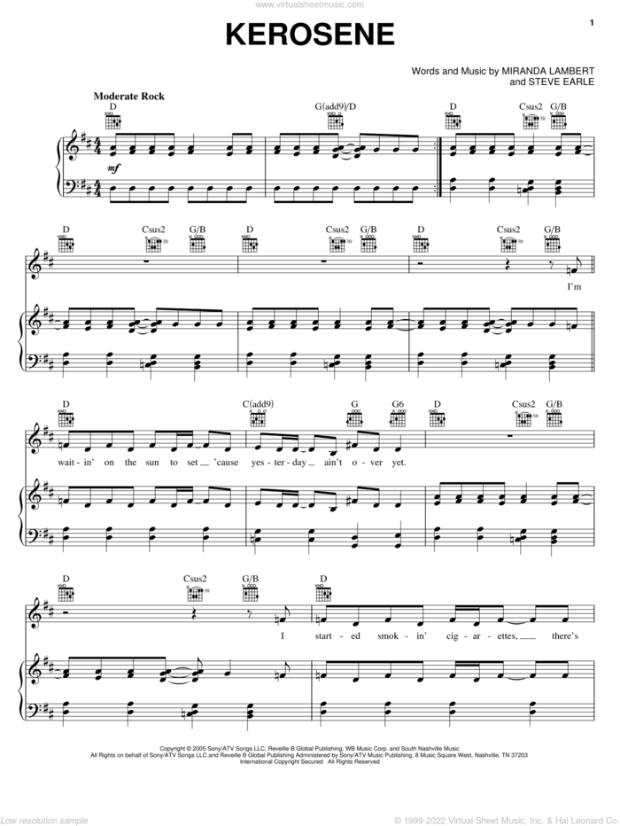 Kerosene sheet music for voice, piano or guitar by Miranda Lambert and Steve Earle, intermediate skill level