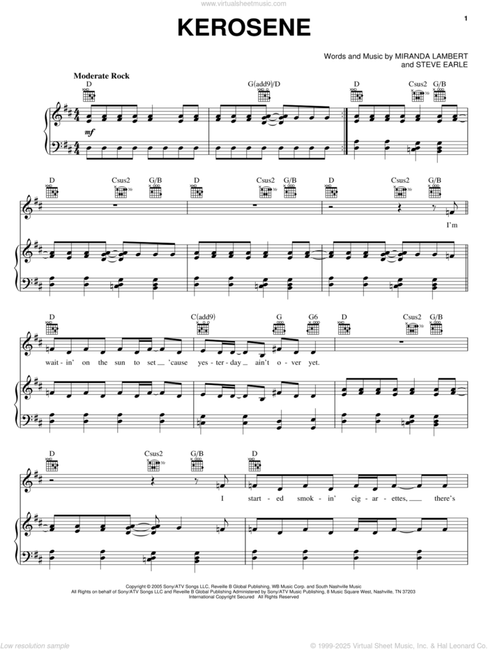 Kerosene sheet music for voice, piano or guitar by Miranda Lambert and Steve Earle, intermediate skill level