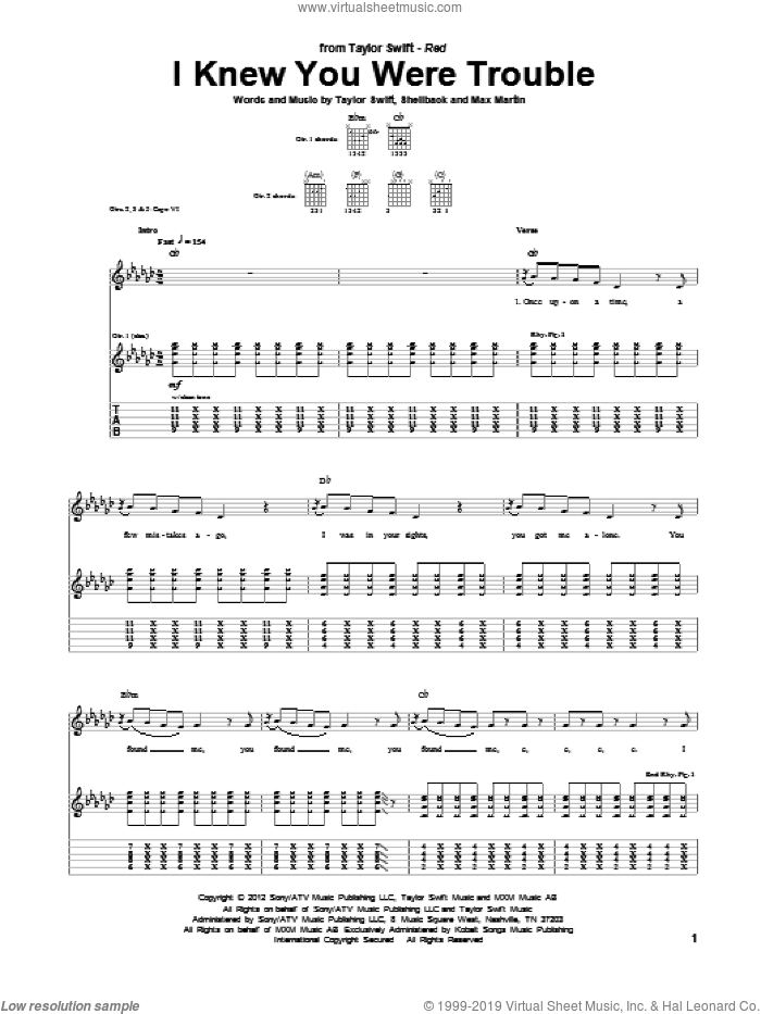 I Knew You Were Trouble sheet music for guitar (tablature) by Taylor Swift, Max Martin and Shellback, intermediate skill level