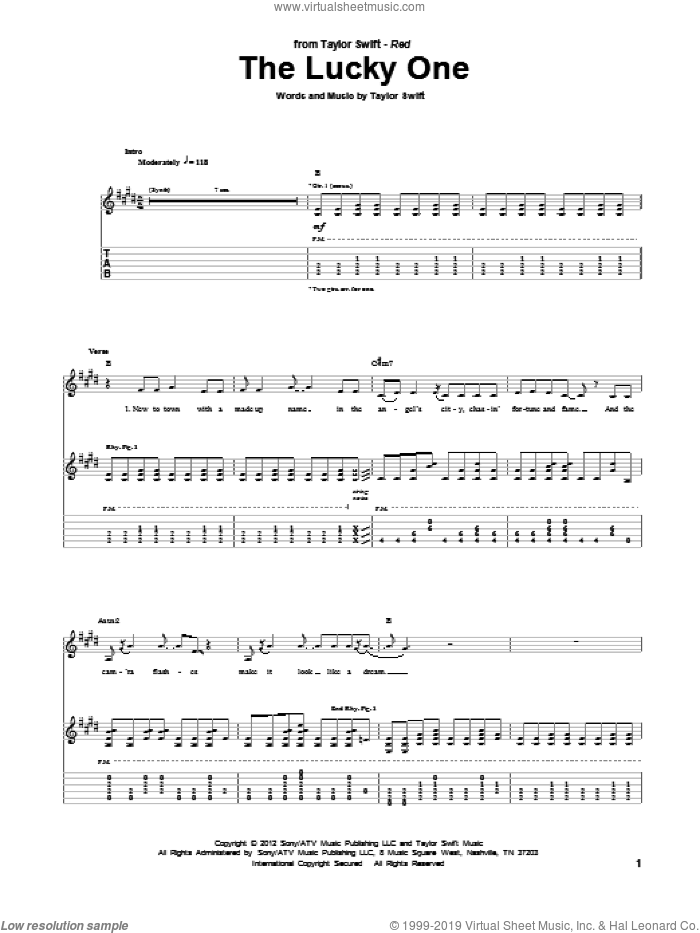 The Lucky One sheet music for guitar (tablature) by Taylor Swift, intermediate skill level