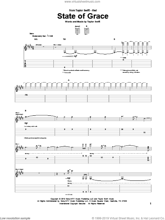 State Of Grace sheet music for guitar (tablature) by Taylor Swift, intermediate skill level