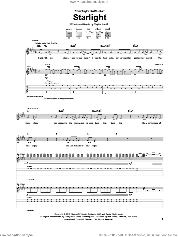 Starlight sheet music for guitar (tablature) by Taylor Swift, intermediate skill level
