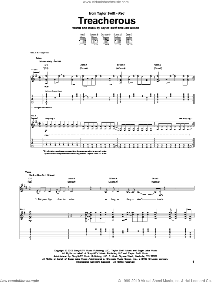 Treacherous sheet music for guitar (tablature) by Taylor Swift and Dan Wilson, intermediate skill level