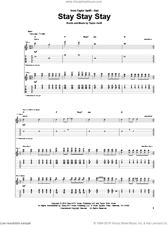 Stay Stay Stay sheet music for guitar (tablature) by Taylor Swift, intermediate skill level
