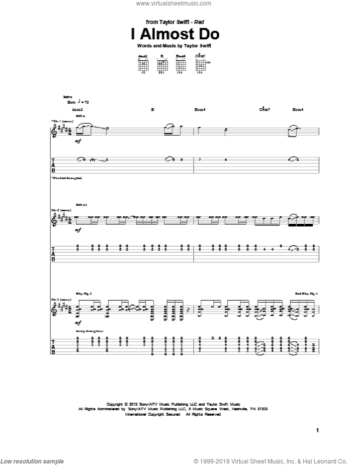 I Almost Do sheet music for guitar (tablature) by Taylor Swift, intermediate skill level