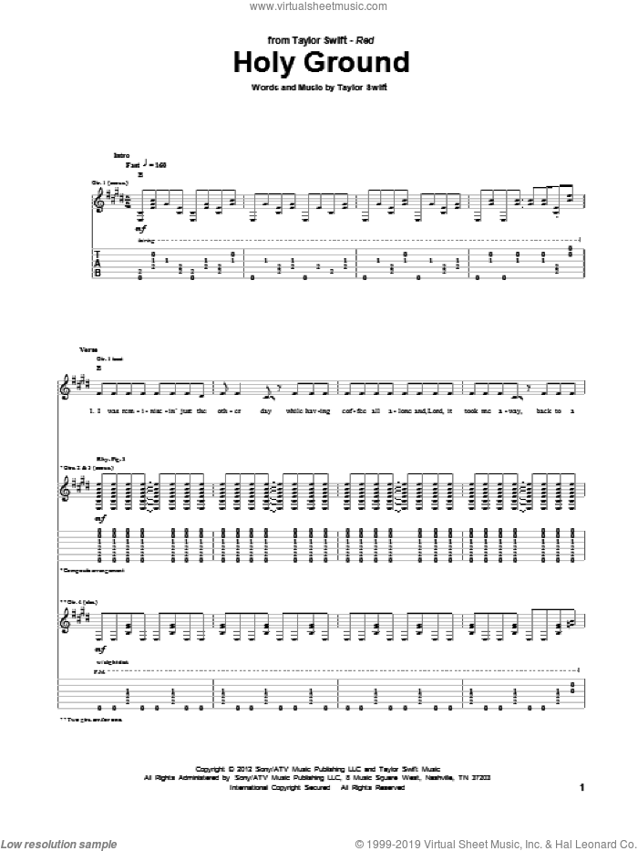 Holy Ground sheet music for guitar (tablature) by Taylor Swift, intermediate skill level