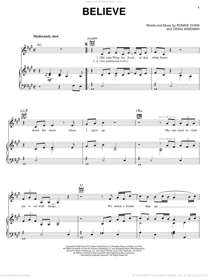 Believe sheet music for voice, piano or guitar by Brooks & Dunn, Craig Wiseman and Ronnie Dunn, intermediate skill level